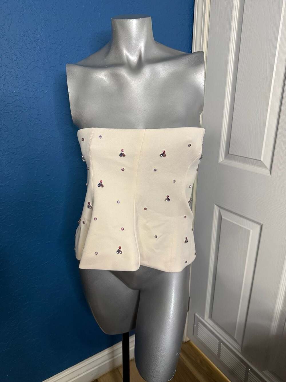 Zara M Rhinestone Strapless Corset Top Jeweled Bustier Peplum Cream